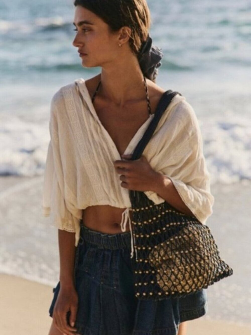 FREE PEOPLE Wishing Well Beaded Macrame Net Tote Bag Navy Blue NWT